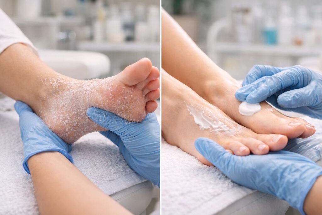 Exfoliácia a hydratácia chodidiel počas pedikúry – odborník jemným peelingom odstraňuje odumretú kožu a následne nanáša hydratačný krém.